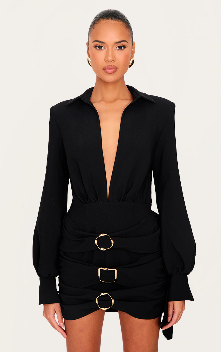 Black Belt Wrap Detail Mini Dress | PrettyLittleThing US