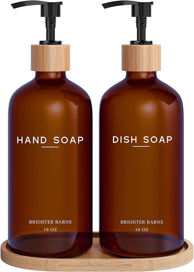Amber Glass Hand and Dish Soap Dispenser Set by Brighter Barns - Kitchen Soap Dispenser Set with ... | Amazon (US)
