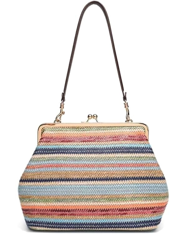 Kiss-lock Bag for Women Large Woven Purse Retro Top Handle Handbag Kiss Clasp Shoulder Bag Tote P... | Amazon (US)