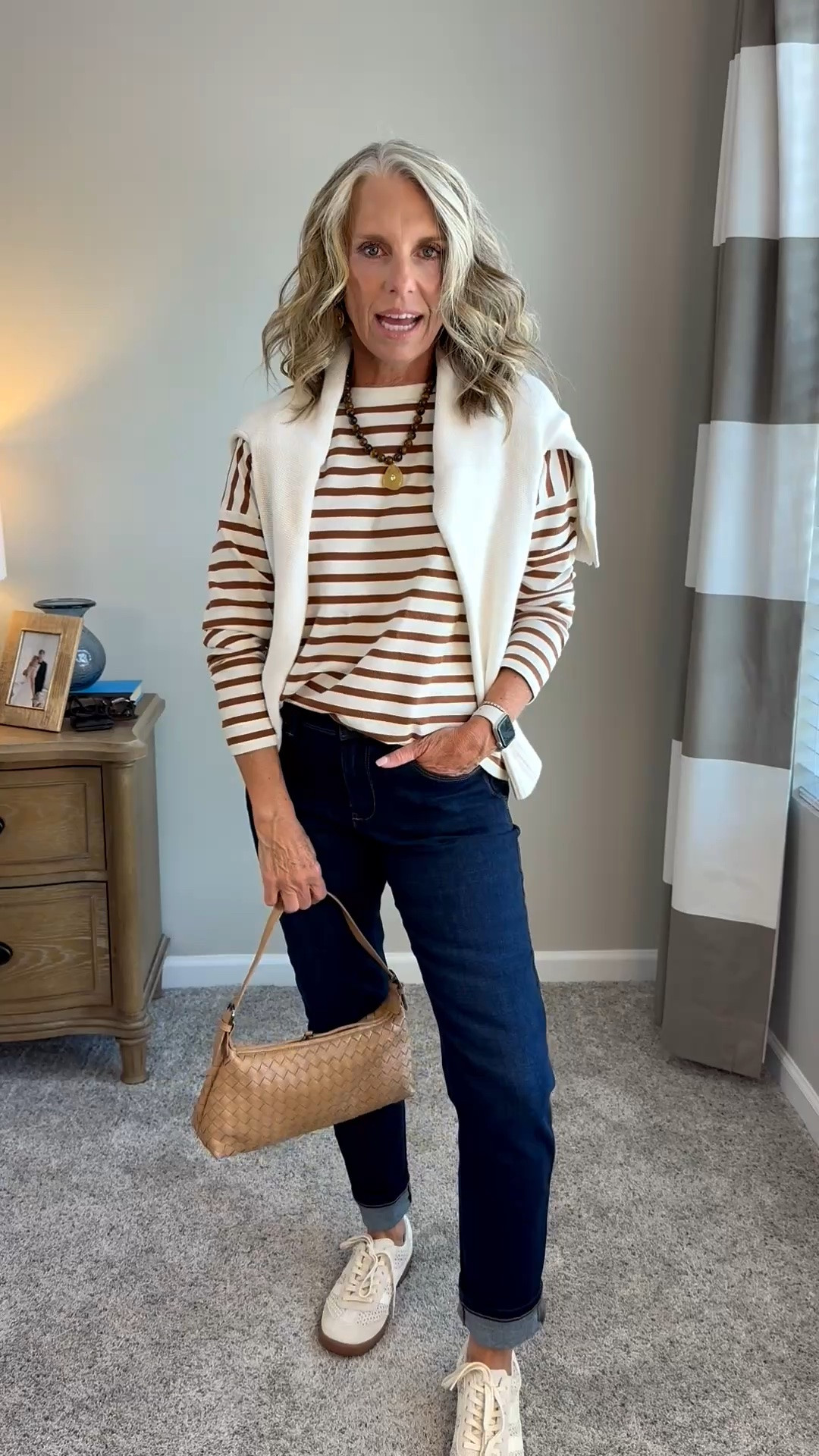 @jjill look for fall. Love the stretch and softness of these slim cut jeans. I cuffed mine for a relaxed feel. The long sleeve tee is the perfect mid weight and I added a layer over my shoulders. Wearing 4 regular jeans and XS top

#LTKgrwm #LTKootd #LTKOver40