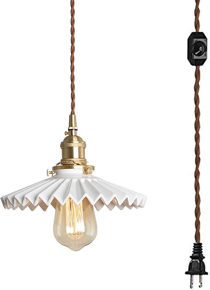 STGLIGHTING Swag Pendant Light with 15ft Plug-in UL Dimmable Cord Retro Ceramic Marble Shade Ligh... | Amazon (US)