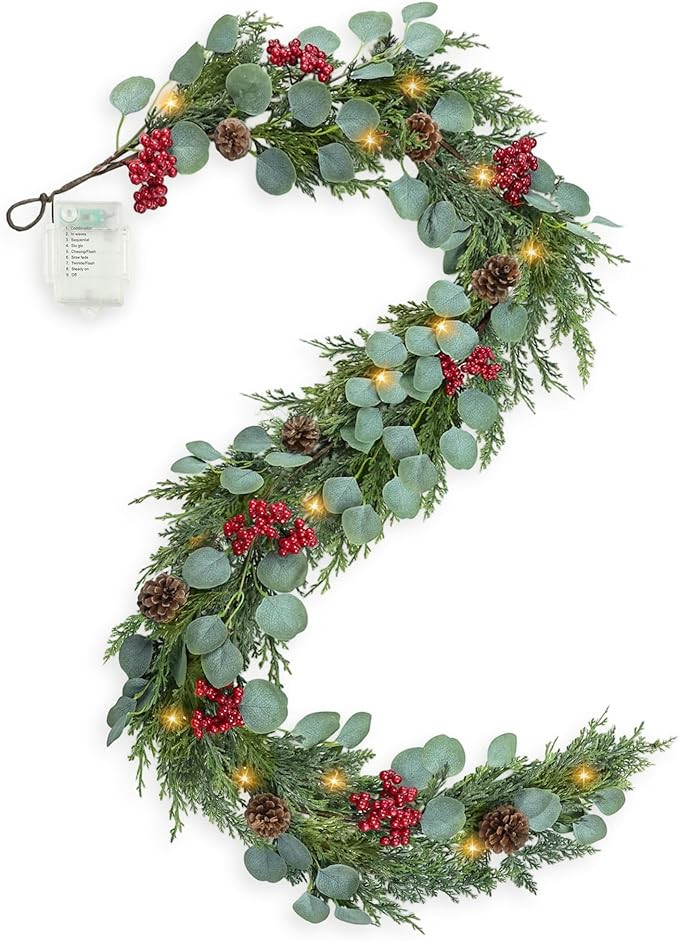 6FT Christmas Garland with Lights Artificial Pine Cypress Eucalyptus Garland with Red Berries Chr... | Amazon (US)