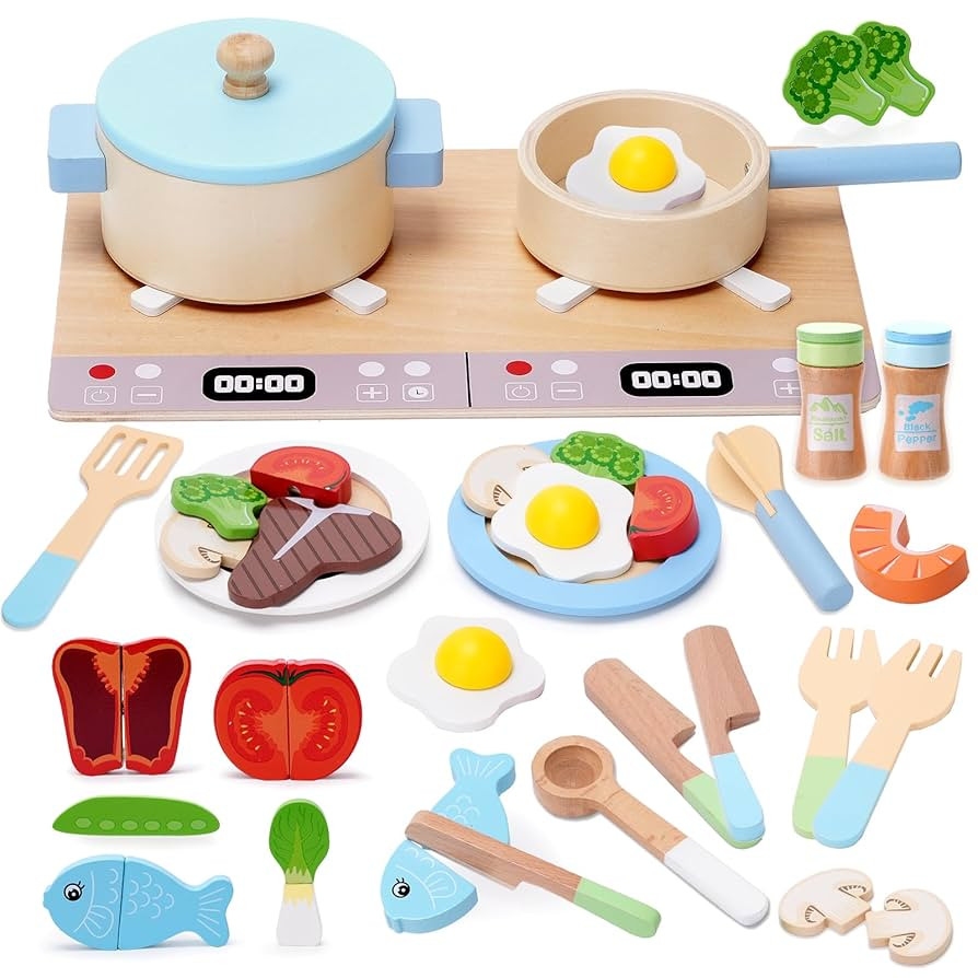 Play Kitchen Accessories, Wooden Play Cooking Set, Pretend Play Kitchen Set for Kids, Including S... | Amazon (US)