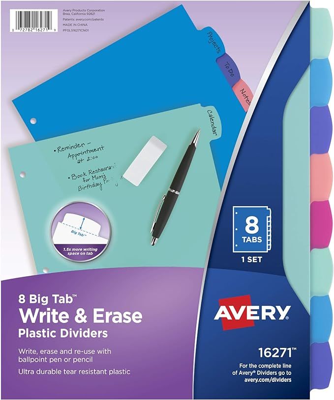 Avery Durable Plastic 8-Tab Write & Erase Big Tab Dividers for 3 Ring Binders, Pastel Brights (16... | Amazon (US)