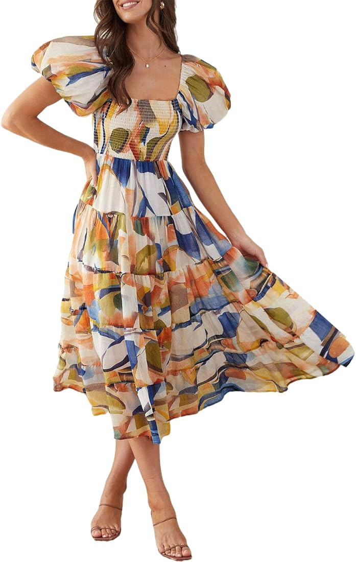 Sissyaki Women's Summer Boho Floral Print Midi Dress Square Neck Tiered Flowy Beach Long Dress | Amazon (US)