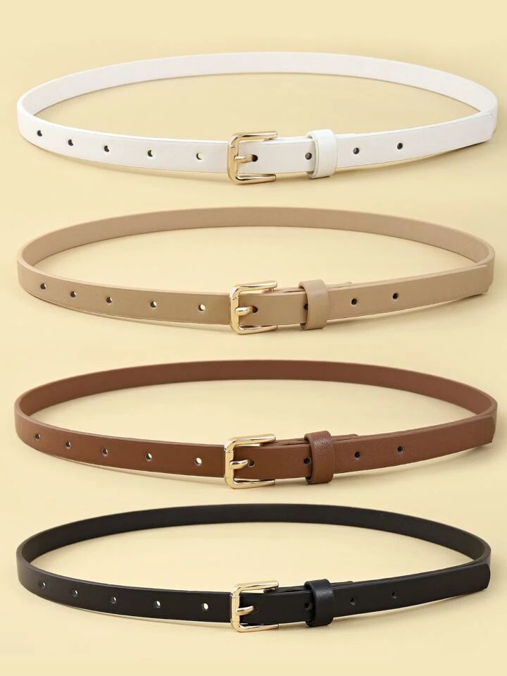 4pcs Women's Thin Waist Belt With Gold-color Square Buckle, Pu Material | SHEIN