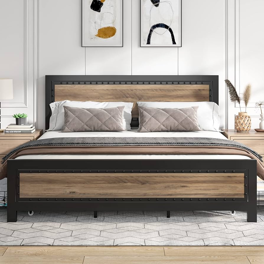 Keyluv Queen Size Bed Frame with 4 Storage Drawers, Rivet Modern Headboard and Footboard Platform... | Amazon (US)