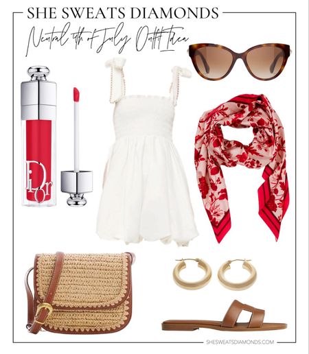 Neutral 4th of July outfit ideas: white dress, red floral scarf raffia crossbody bag, brown leather sandals, red lip gloss

#LTKSeasonal #LTKunder100 #LTKstyletip