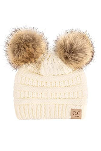 ScarvesMe Exclusive Baby Infant 0-12 Months Solid Ribbed Knit Infant Natural Fur Double Pom Pom Beanie | Amazon (US)