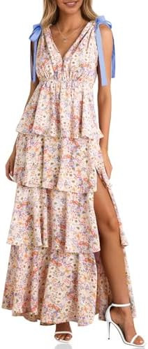 Wenrine Womens Summer Floral Maxi Dress Tie Strap Sleeveless V Neck High Slit Boho Ruffle Tiered ... | Amazon (US)