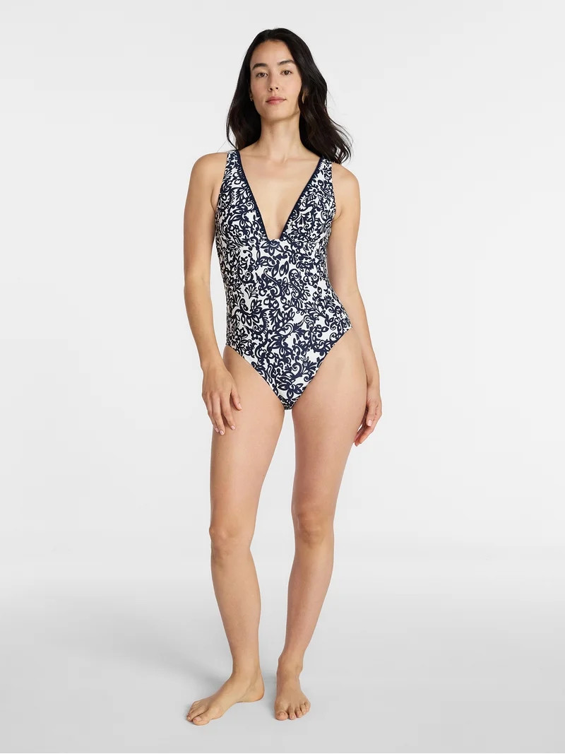Time and Tru Women's and Women's Plus Shell Stitch Plunge One-Piece Swimsuit, Sizes XS-3X | Walmart (US)