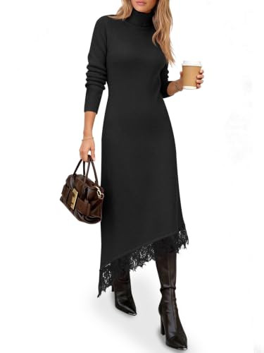 Saodimallsu Womens Turtleneck Sweater Dress Lace Patchwork Knit Midi Dress | Amazon (US)