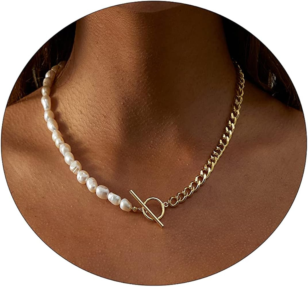 CAROVO Dainty Gold Chain Toggle Clasp Necklace for Women 18K Gold Filled Handmade Pearl Cuban Cur... | Amazon (US)