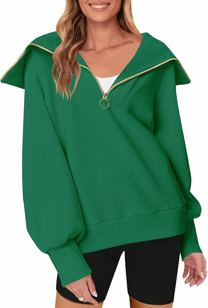 MEROKEETY Women's 2023 Long Sleeve Quarter Zip Sweatshirt V Neck Collar Ribbed Y2K Pullover Tops | Amazon (US)