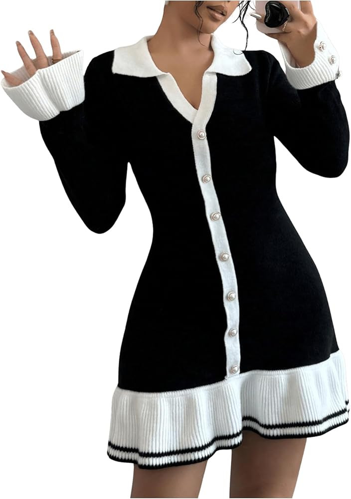 SOLY HUX Women's Sweater Dress Color Block Collar V Neck Long Sleeve Ruffle Hem Bodycon Knit Mini... | Amazon (US)