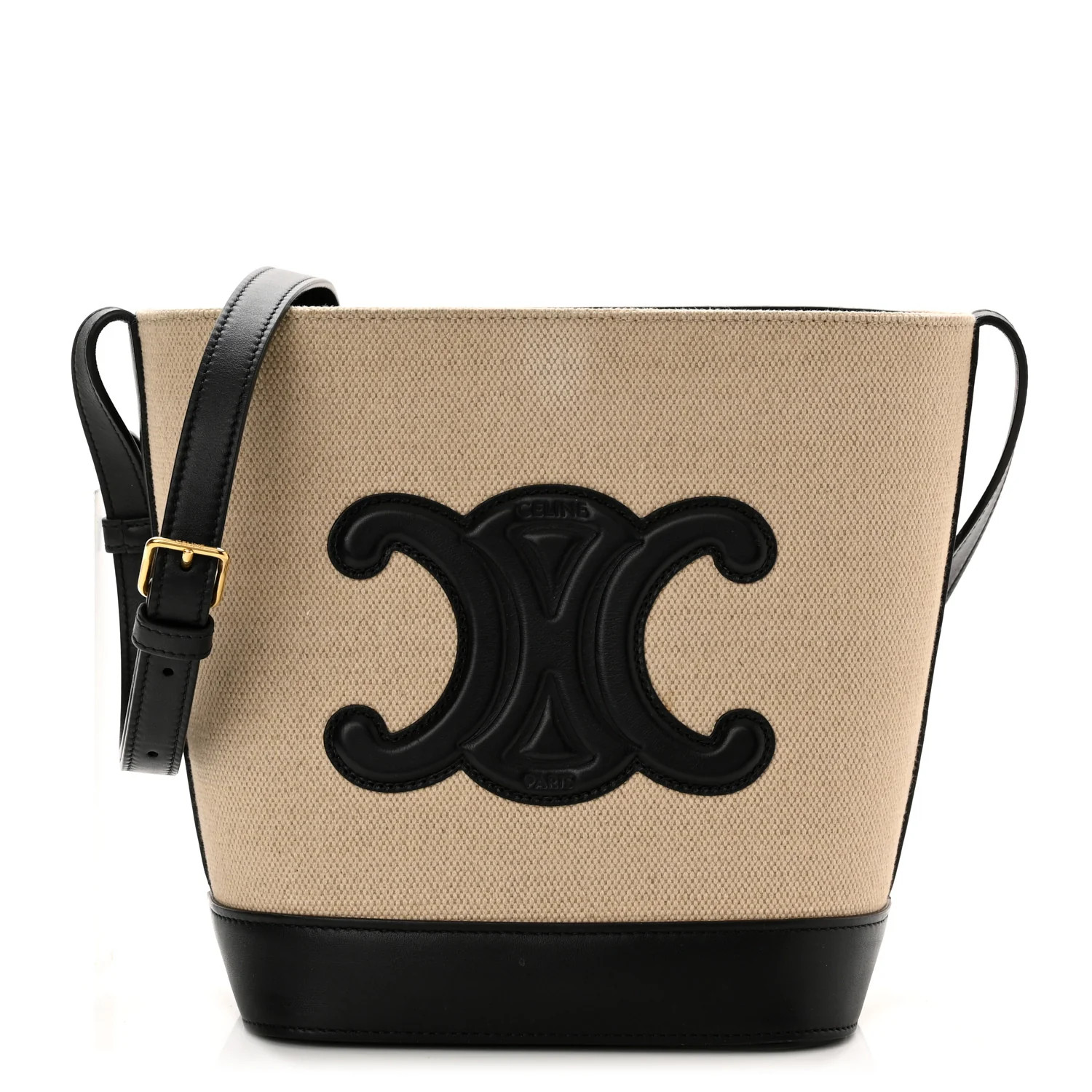 CELINE Canvas Calfskin Triomphe Small Bucket Bag Vanilla Black | FASHIONPHILE (US)