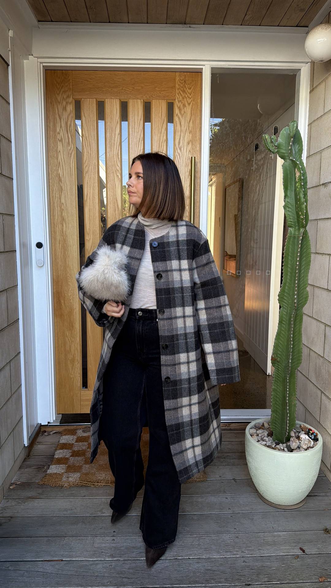 Wearing size medium in coat and top, size 12 in both jeans.