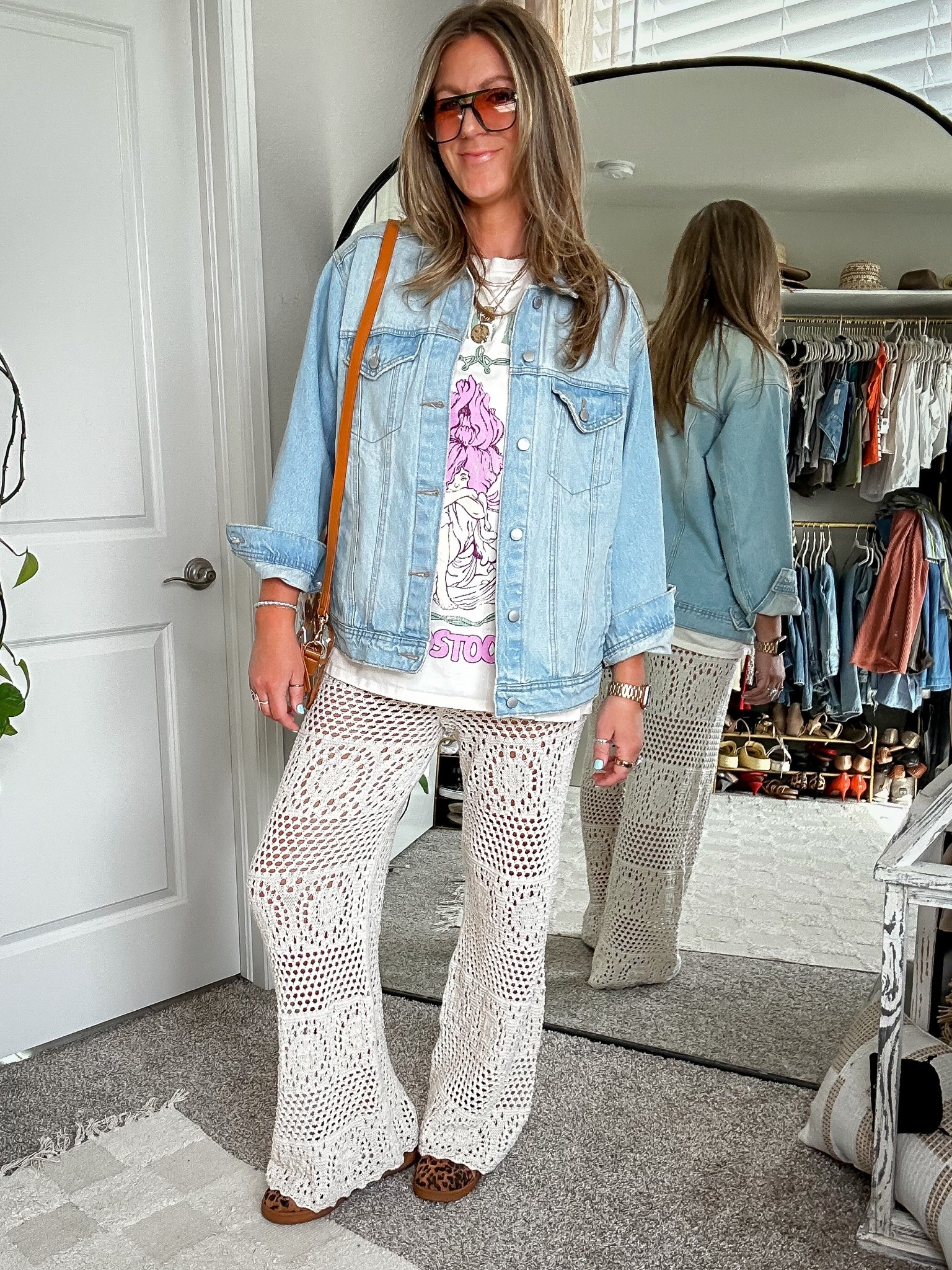 Concert outfit 🤘🏻
Crochet pants - medium long
Graphic tee is old, linked others
Denim jacket - large
Sneakers - 11 

#LTKMidsize #LTKFestival #LTKOver40