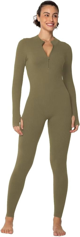 Sunzel Long Sleeve Jumpsuits for Women, Ribbed One Piece Casual Yoga Workout Zip Front Bodycon, L... | Amazon (US)