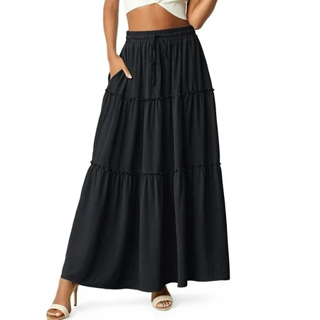 Cueply Womens Flowy Long Maxi Skirt Pleated Elastic High Waist Drawstring Tiered Skirts with Pock... | Walmart (US)