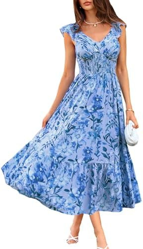 GRACE KARIN Women's Summer Floral Maxi Dress 2026 Ruffle Sleeve Smocked Sundress Flowy Wedding Gu... | Amazon (US)