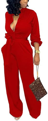 Formal Red Jumpsuits for Women Casual Elegant Button Down Long Sleeve Long Straight Pants Jumpsuit with Pockets Belt(XX-Large) | Amazon (US)