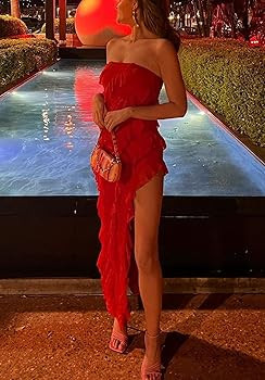 Sexy Tube Maxi Dres for Women Irregular Tassel Strapless Long Dress Ruffle Hem High Split Midi Dr... | Amazon (US)