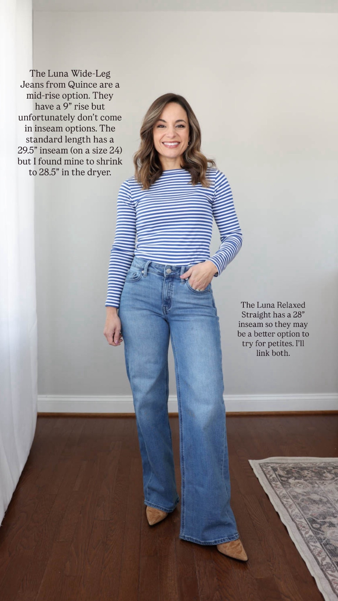 Light wash jeans for petites! 

Top: xxs 

Luna Wide-Leg Jeans (Quince): 24 in seaside blue - tts 
9” rise / 29.5” inseam shown- jeans shrink in length in the wash to 28.5". 

Also linked the Luna Relaxed Straight. They have a 9” rise and a 28” inseam so they may be a better option depending on your inseam. 

#LTKPetite