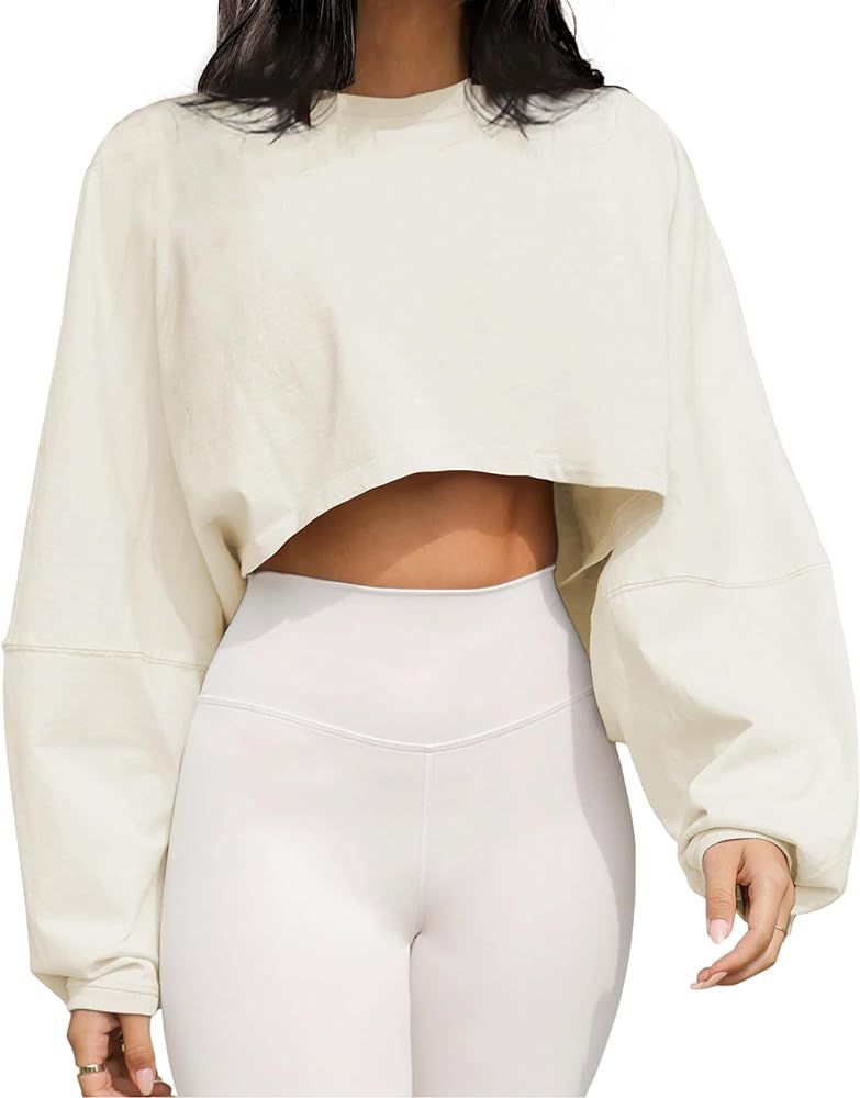 Meladyan Women Long Sleeve Crewneck Crop Top Tee Shirt Sweatshirt Casual Solid Loose Fit Workout ... | Amazon (US)