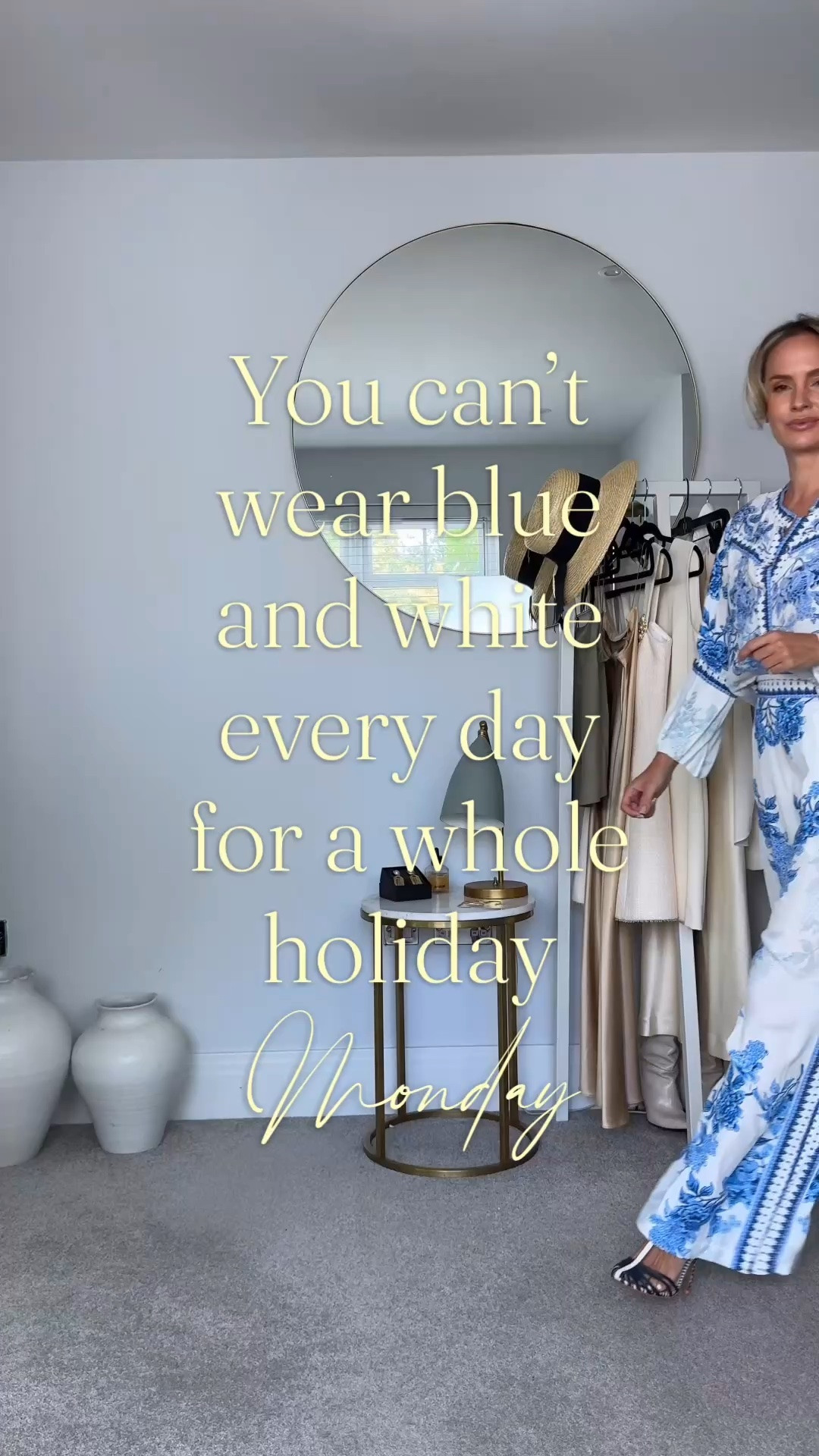 7 days on a Greek island - can I wear blue and white every day? 

Do you prefer Monday, Tuesday, Wednesday, Thursday, Friday, Saturday or Sunday? 

Your holiday wardrobe don’t need to mirror the rest of your capsule. I’m personally a lot more colourful on holiday than in everyday life and blue and white is a go-to for me. 

So I have a small holiday capsule wardrobe that I come back to year after year. 

Some of these pieces I have had for 15 years or more at this point. So even though I don’t get much wear out of them at home, the price per wear is still great.

What colours do you wear on holiday? 

Tunic - Mandibreeze 
Set and last dress - old pre-loved. 

#tessmontgomery

#LTKsummer #LTKswimwear #LTKtravel