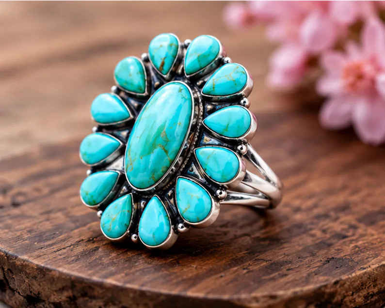Floral Kingman Turquoise Statement Ring Sterling Silver Jewelry Handmade Bohemia Ring Gift Her | Etsy (Global)