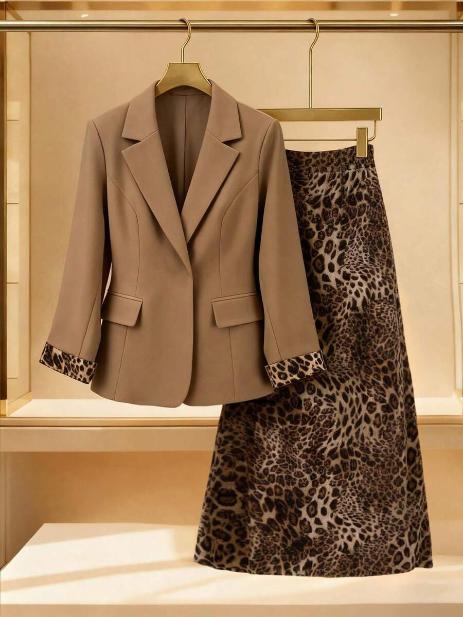 Franclia Plus Size Women Chocolate Brown Autumn Elegant Formal Office 2 Pieces Set Leopard Print Skirt Suit, Fitted Blazer Jacket 3/4 Sleeve Outfit | SHEIN