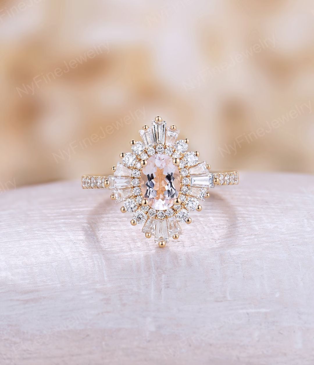 Vintage Pink Morganite Engagement Ring Oval Shape Antique Diamond/CZ double halo Ring Half Eterni... | Etsy (US)
