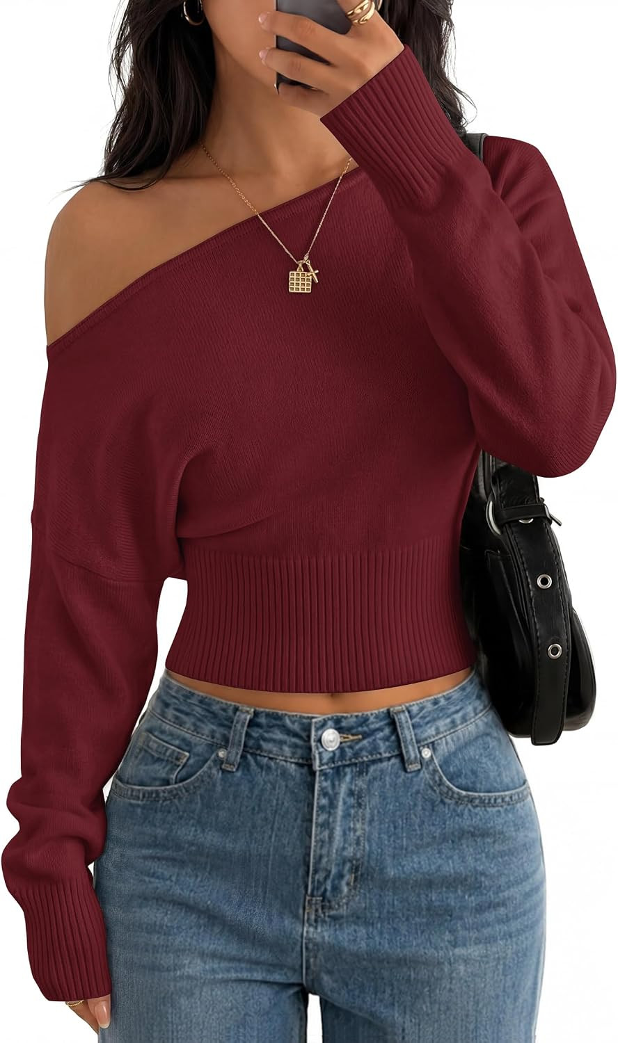 ZESICA Women's Fall Off Shoulder Cinched Waist Cropped Sweaters Trendy | Amazon (US)