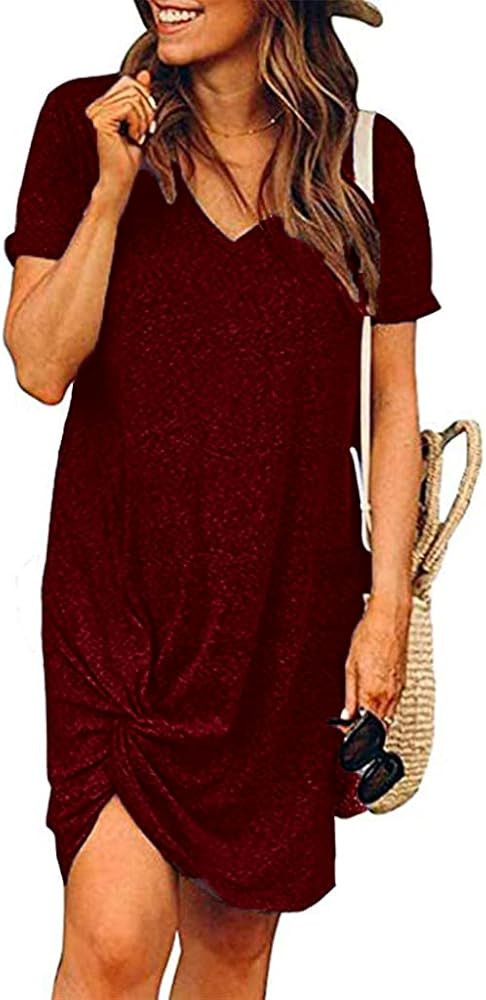 Locryz Women's Summer Twist Knot Tshirt Dresses Casual V Neck Short Sleeve Knot Dress | Amazon (US)
