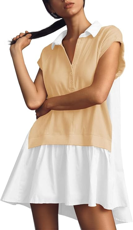 Fisoew Womens Summer Sweatshirt Dresses Short Sleeve V Neck Casual Oversized Patchwork Mini Dress | Amazon (US)