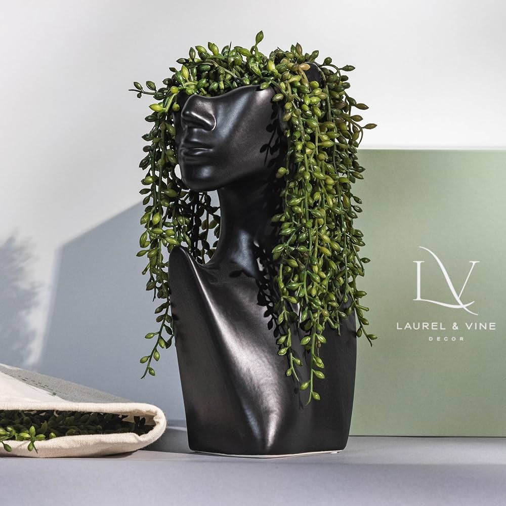 Black Face Vase with Faux String of Pearls Plant Gift Set, Head Vase Includes 4 Hanging Succulent... | Amazon (US)