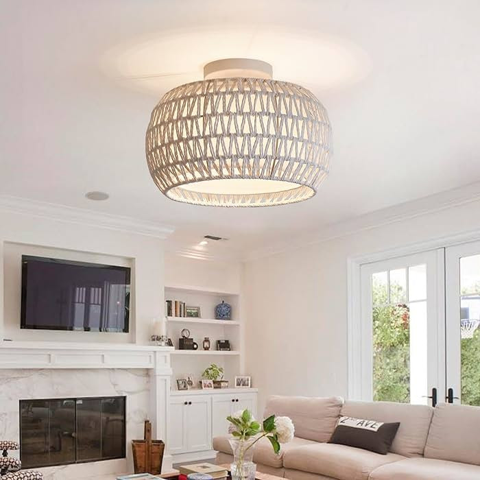 BUXVRCS Rattan Ceiling Light Fixtures,Hand-woven Boho Flush Mount Light,Handmade Fixtures with Fa... | Amazon (US)