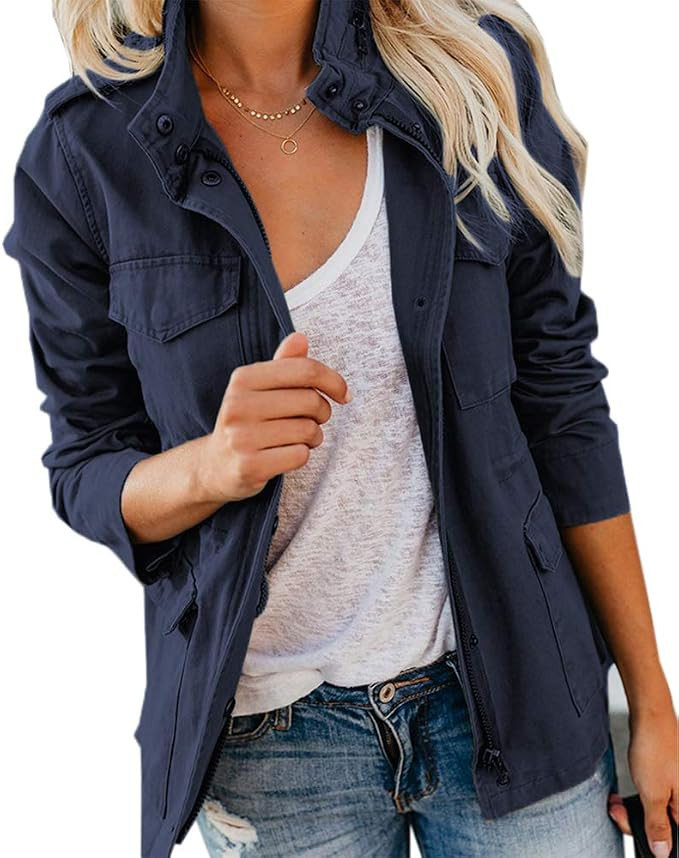 Soulomelody Women Military Anorak Jackets Zip Up Snap Buttons Parka Safari Utility Coats Outwear ... | Amazon (US)