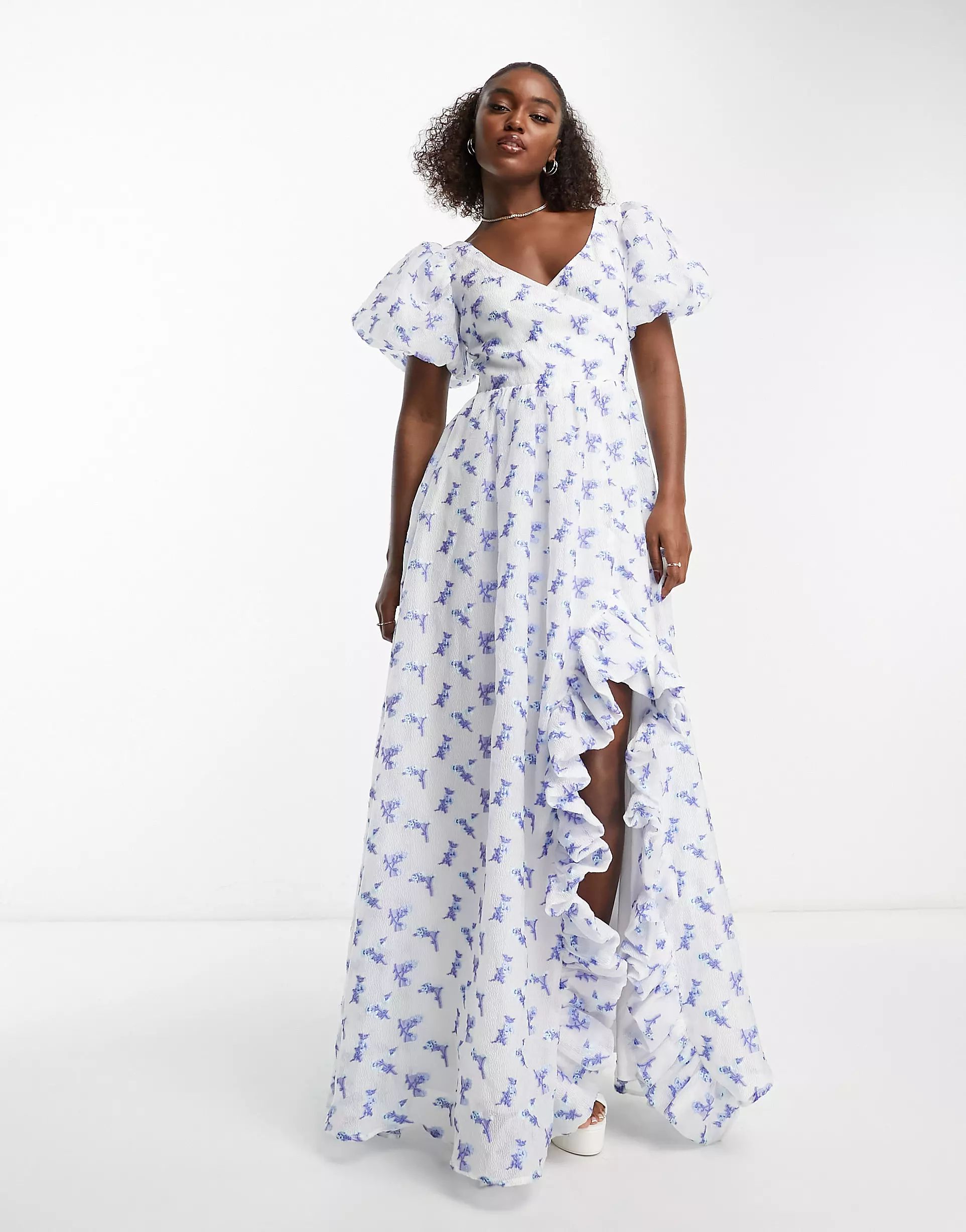 Maya puff sleeve wrap bodice maxi dress with ruffle split in blue floral | ASOS (Global)