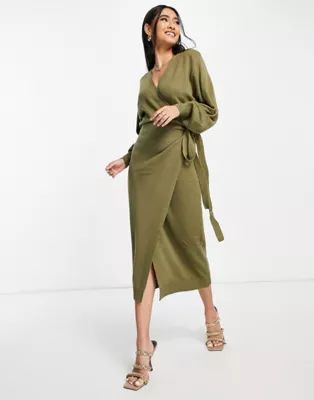 Pretty Lavish Beau wrap knit dress with tie waist in olive green | ASOS | ASOS (Global)