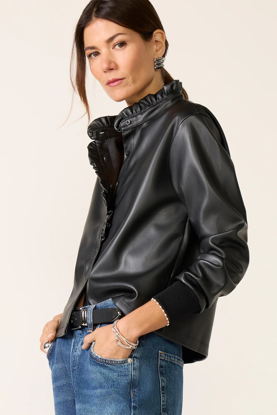 Faux Leather Ruffle Neck Shirt | Evereve
