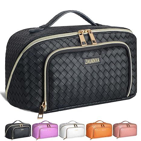 ZAUKNYA Travel Makeup Bag - Cosmetic Bag, Makeup Bag for Women Waterproof Portable Open Flat with... | Amazon (US)