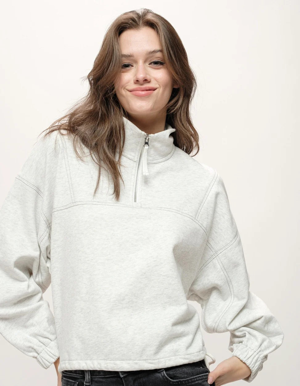 Half Zip Up Sweater with Tie Side Detail in Light Grey | Minette