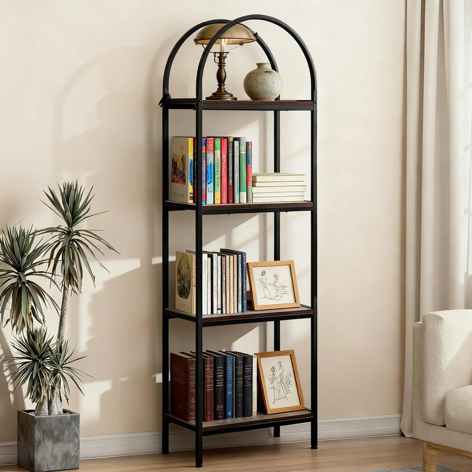 Modern Arched 4-Tier Bookshelf – Tall Metal Frame Bookcase with Large Wood Shelves – Open Sto... | Walmart (CA)