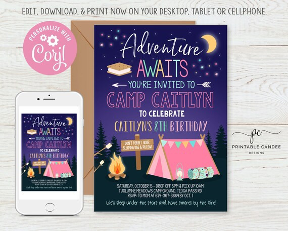 Girl Camping Invitation Editable Birthday Invite Sleepover | Etsy | Etsy (US)