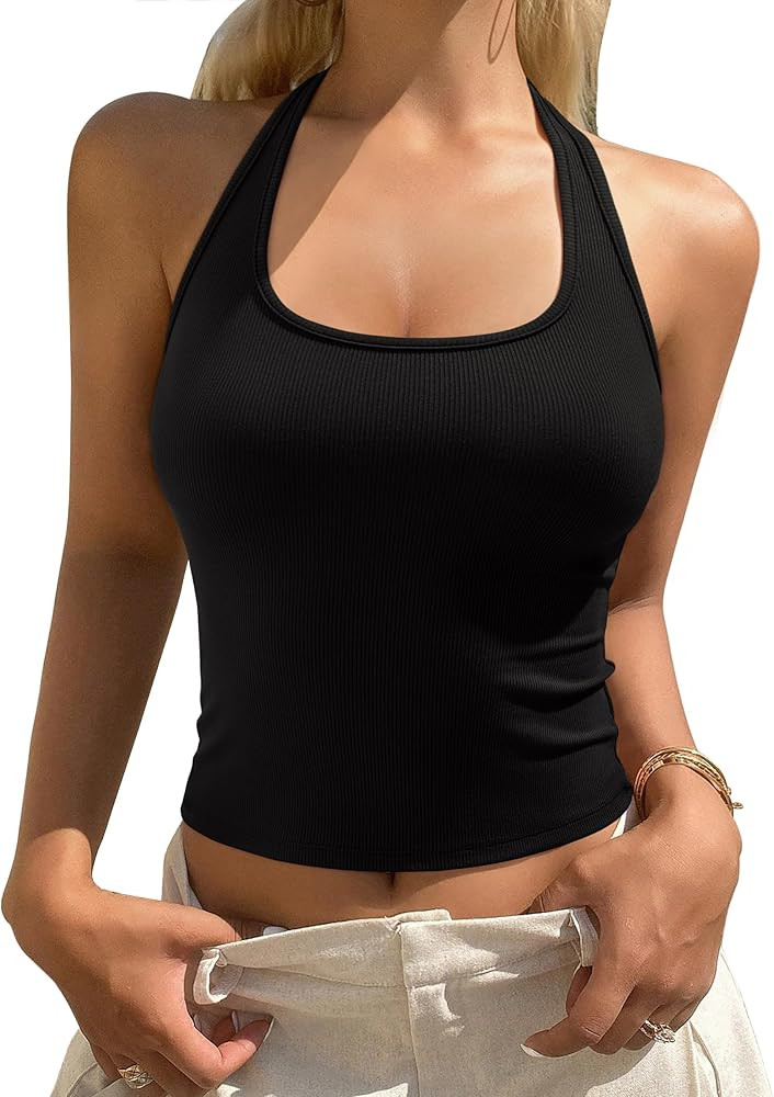 REORIA Women's Racerback Halter Backless Tank Top Sexy Sleeveless Fitted Top Trendy Summer Basic ... | Amazon (US)