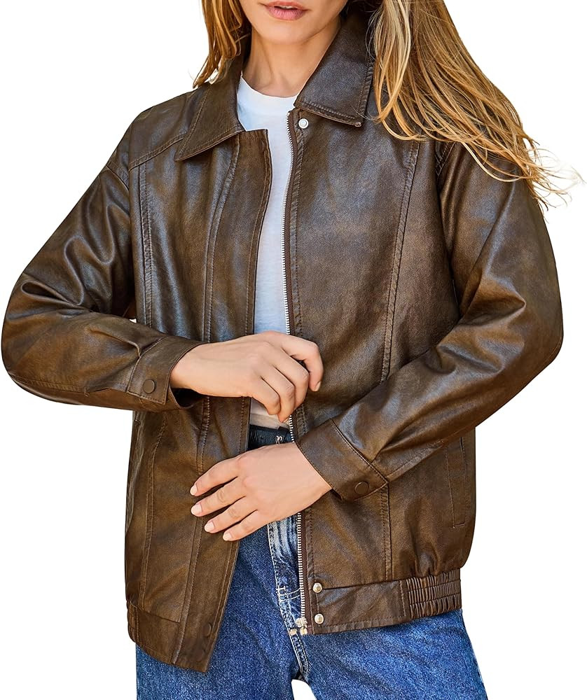 Women's Plus Oversized Faux Leather Bomber Jacket, Street Style Casual Zip Up Coat - Size Runs La... | Amazon (US)