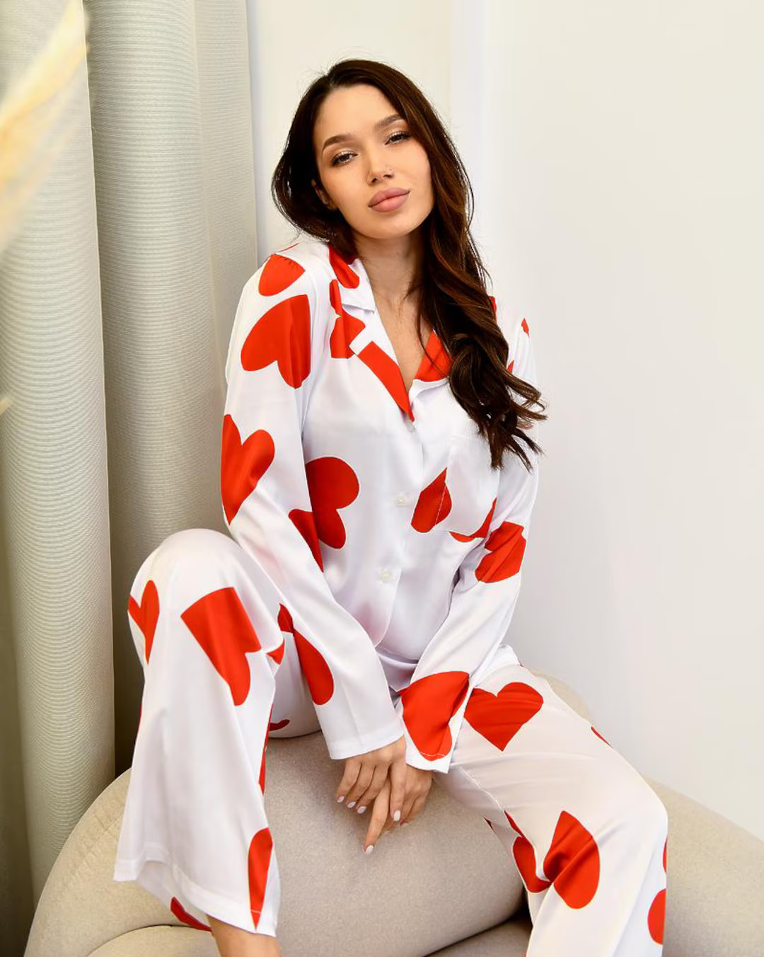 Heart print pajama set. Womans Silk pajama with hearts. Valentines Day nightwear | Etsy (US)
