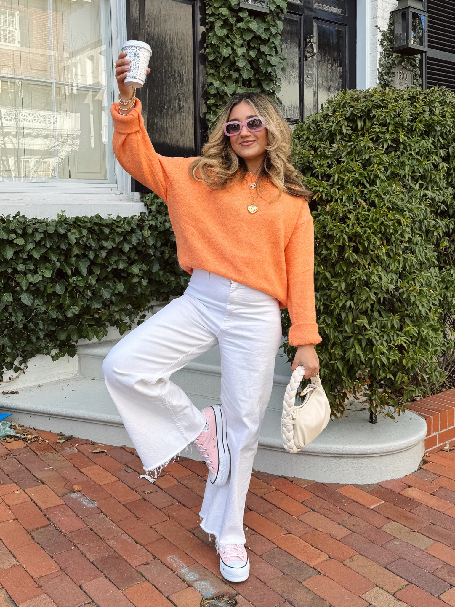 Orange sweater, spring outfit idea, wearable spring outfit, white jeans, white wide leg jeans, platform converse, pink sneakers 

#LTKfindsunder50 #LTKSeasonal #LTKSpringSale